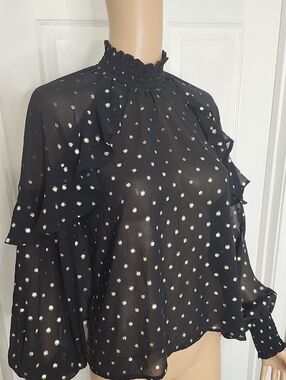Forever 21 Black Sheer Blouse with Shimmering Gold Polka Dot Print And Ruffles